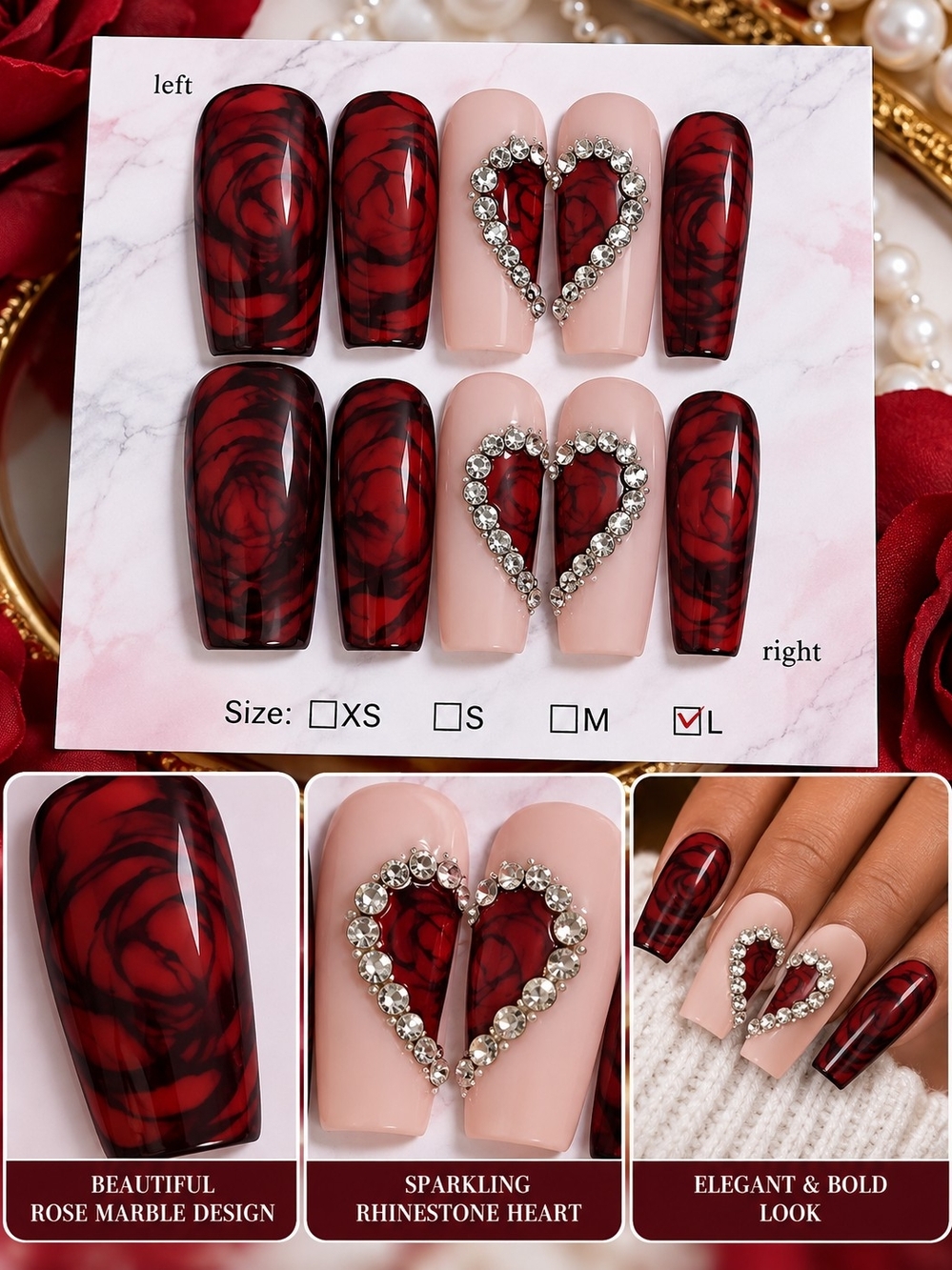 Red Rose & Rhinestone Heart Press-On Nails – Size Large